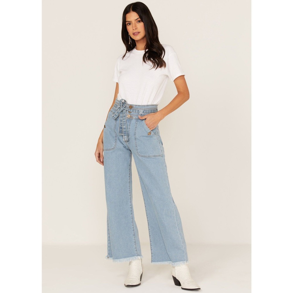 Lola Reese Jeans High Rise Wide Leg Crop Jeans‎ Light Wash Belted Womens Size 30